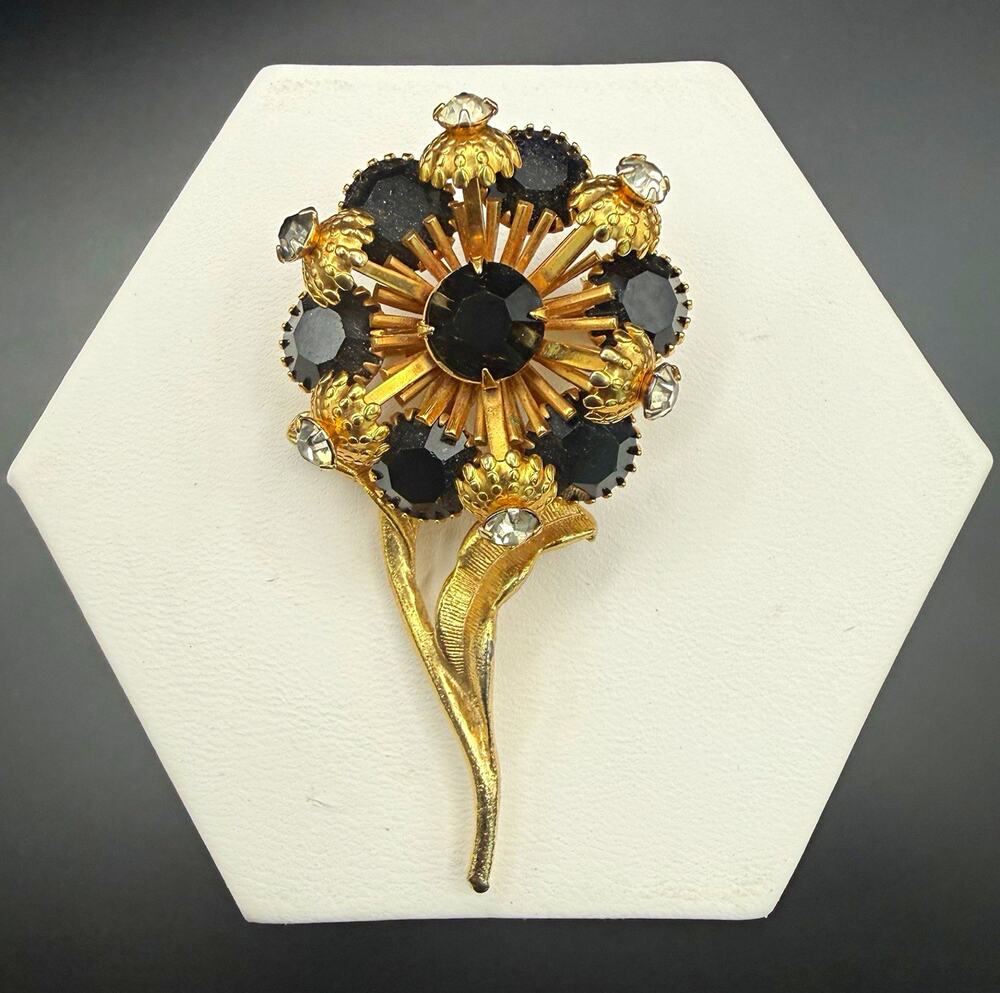 Vtg Unsigned Atomic Sputnik Flower Brooch Black Clear Rhinestone Dimensional 50s